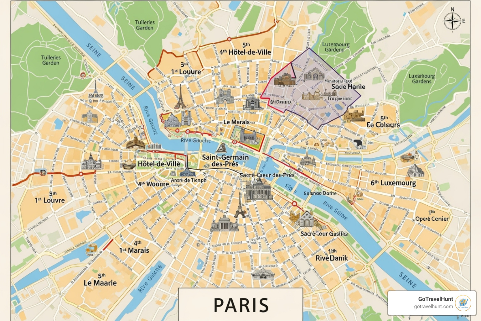 Map showing popular Paris arrondissements like Le Marais and Saint-Germain-des-Prés - travel packages for paris france
