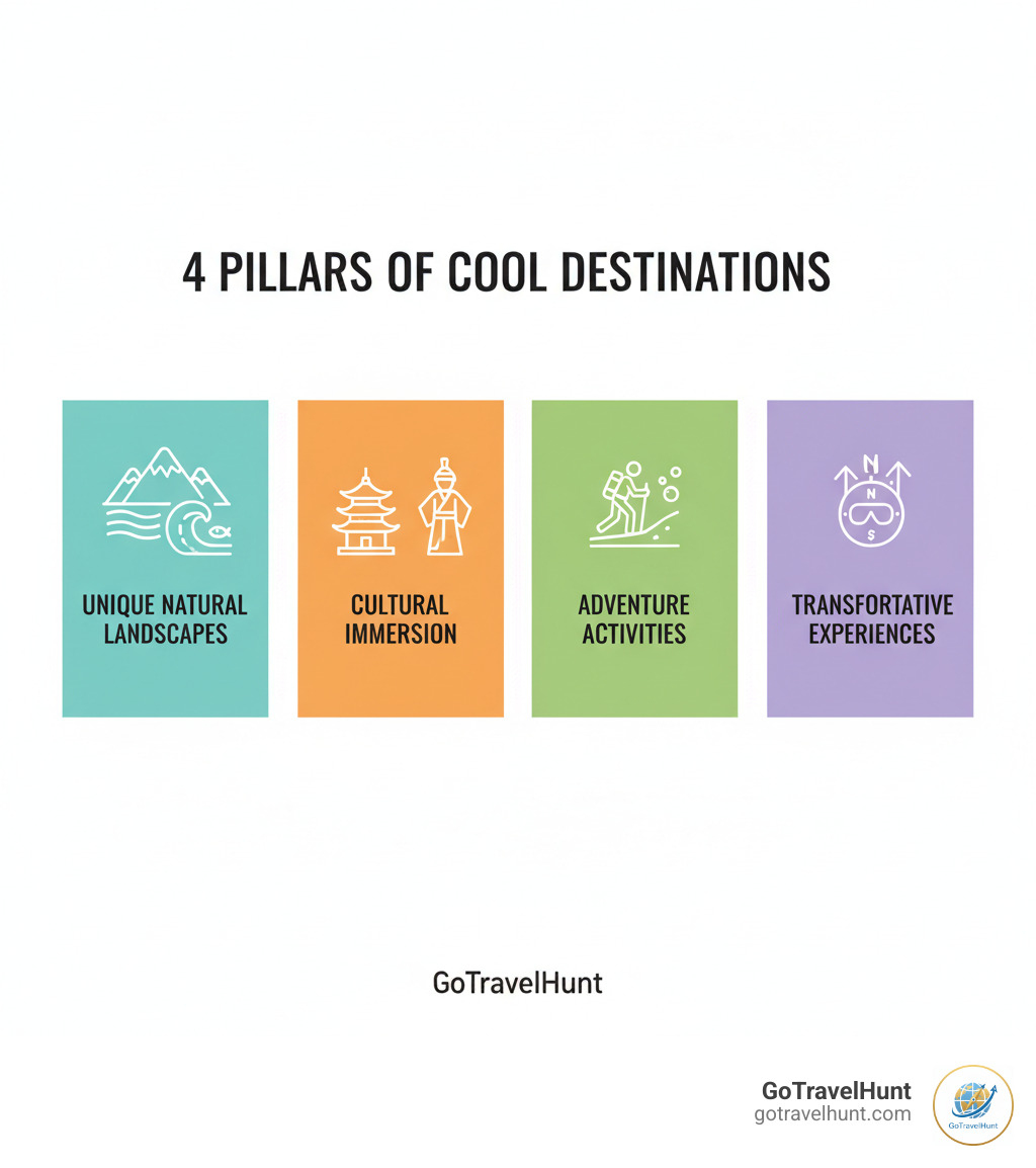 infographic showing four pillars of cool destinations: unique natural landscapes with mountain and ocean icons, cultural immersion with temple and traditional dress icons, adventure activities with hiking and diving icons, and transformative experiences with compass and growth symbols - coolest places to visit in the world infographic 