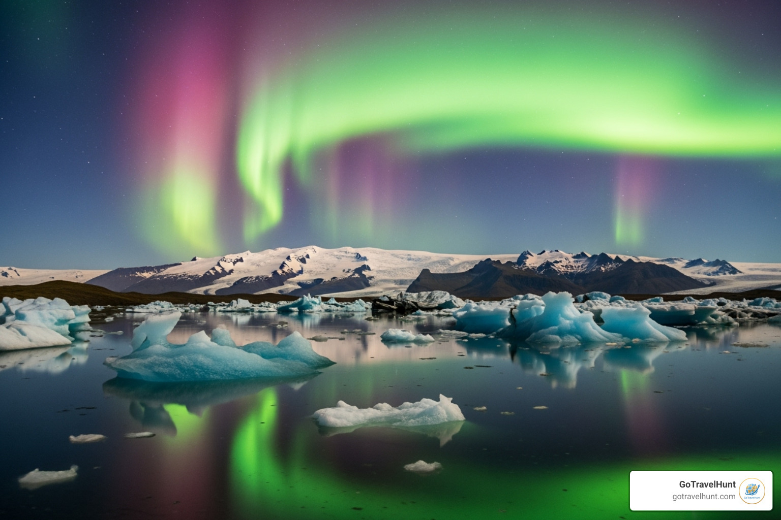 Northern Lights over a glacial lagoon - coolest places to visit in the world