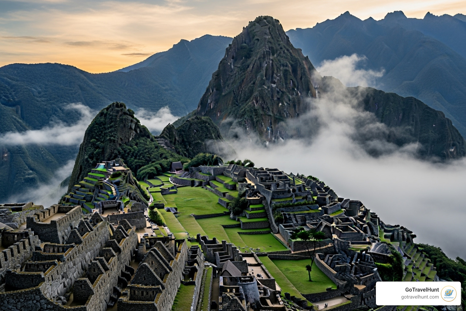 Machu Picchu shrouded in mist at sunrise - coolest places to visit in the world