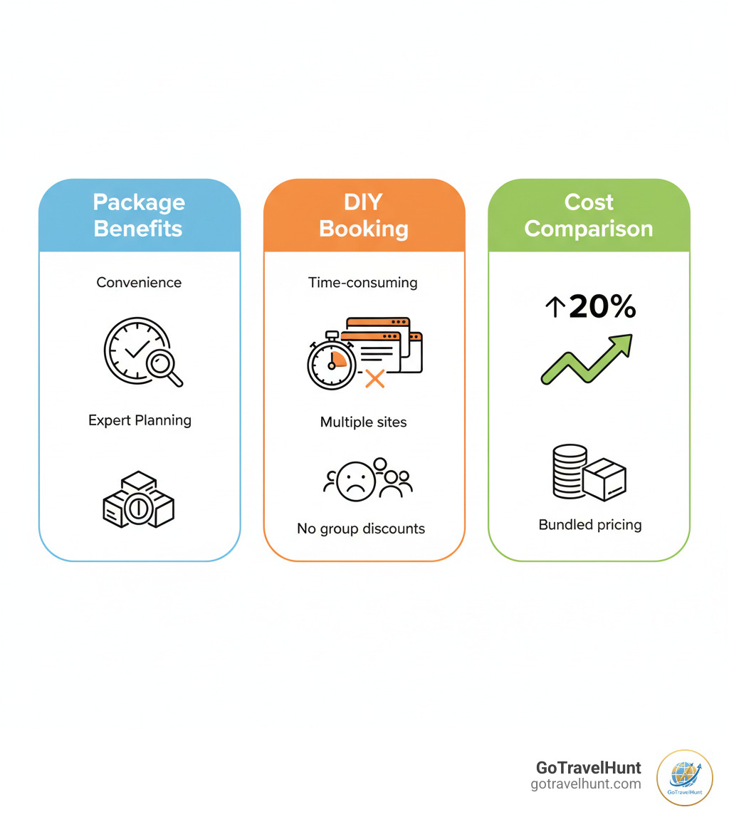Infographic showing three columns: Package Benefits (convenience, expert planning, bundled deals), DIY Booking (time-consuming, multiple sites, no group discounts), and Cost Comparison (packages save up to 20 percent with bundled pricing) - travel packages for paris france infographic 