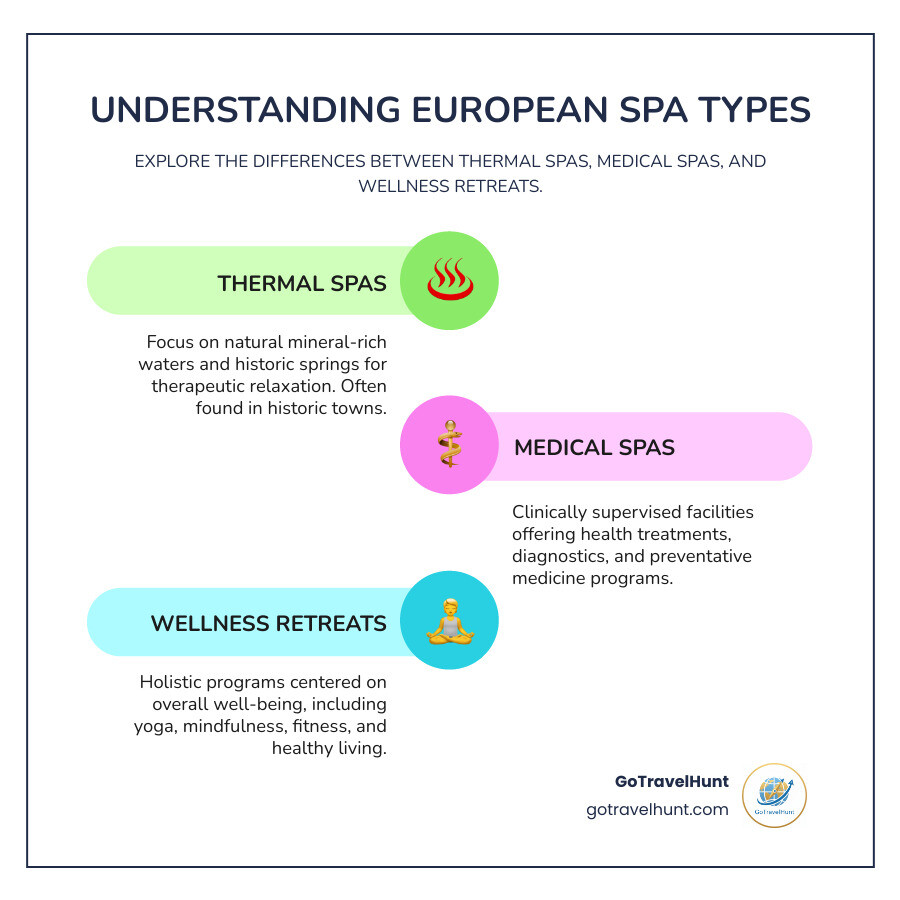 Infographic explaining the difference between Thermal Spas, Medical Spas, and Wellness Retreats - spa breaks europe infographic infographic-line-3-steps-colors