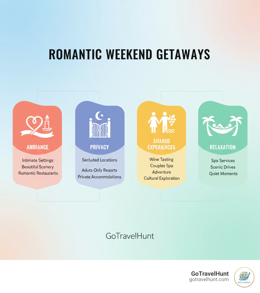 Infographic showing four key ingredients for romantic weekend getaways: Ambiance (intimate settings, beautiful scenery, romantic restaurants), Privacy (secluded locations, adults-only resorts, private accommodations), Shared Experiences (wine tasting, couples spa treatments, adventure activities, cultural exploration), and Relaxation (spa services, beach time, scenic drives, quiet moments together) - romantic weekend getaways infographic  Infographic showing four key ingredients for romantic weekend getaways: Ambiance (intimate settings, beautiful scenery, romantic restaurants), Privacy (secluded locations, adults-only resorts, private accommodations), Shared Experiences (wine tasting, couples spa treatments, adventure activities, cultural exploration), and Relaxation (spa services, beach time, scenic drives, quiet moments together) - romantic weekend getaways infographic
