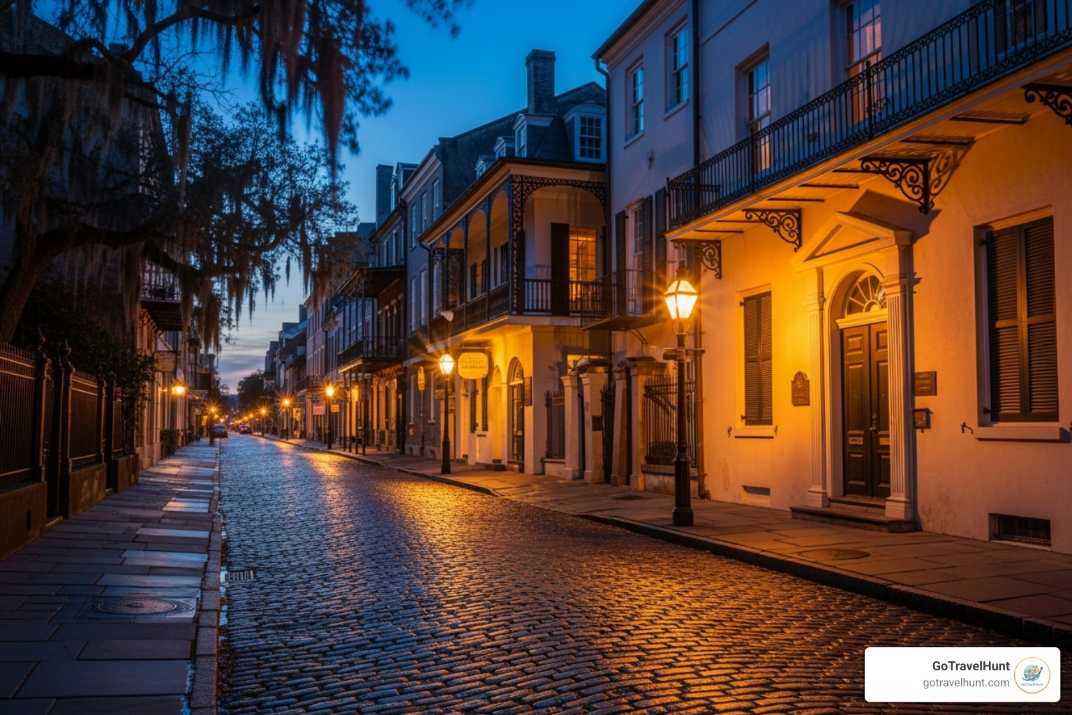 Charleston's cobblestone streets at dusk - romantic weekend getaways Charleston's cobblestone streets at dusk - romantic weekend getaways