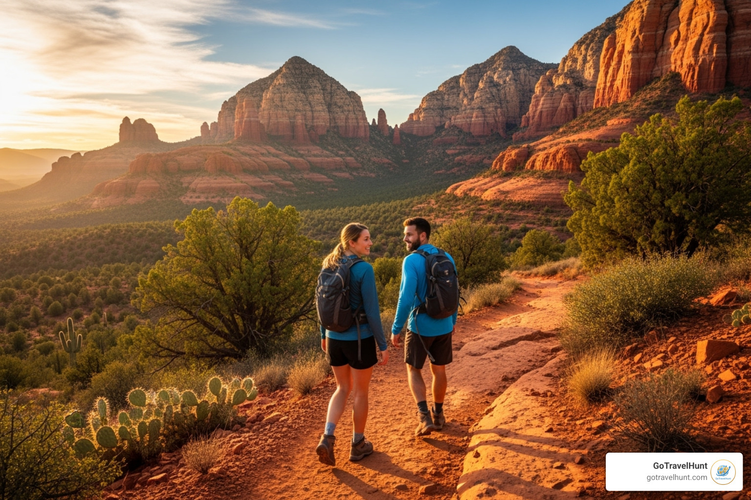 A couple hiking in Sedona's red rocks - romantic weekend getaways A couple hiking in Sedona's red rocks - romantic weekend getaways