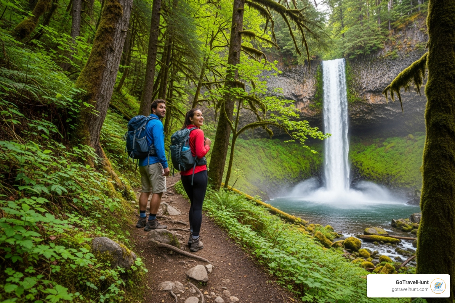 couple hiking towards a stunning waterfall in a lush forest - inexpensive romantic vacations