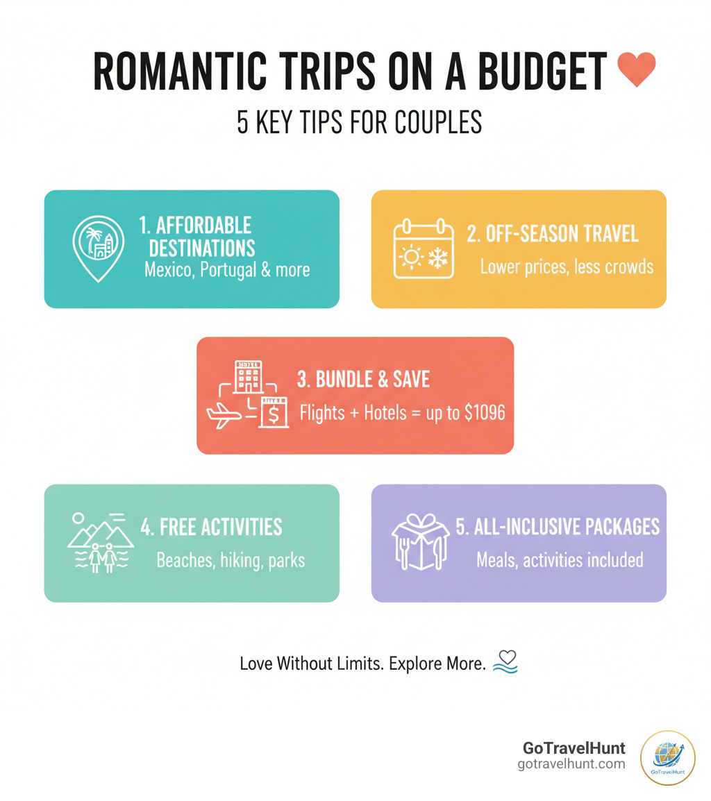 infographic showing 5 key tips for planning budget-friendly romantic trips: 1. Choose naturally affordable destinations like Mexico or Portugal, 2. Travel during shoulder or off-seasons for lower prices, 3. Bundle flights and hotels to save up to $1,096, 4. Prioritize free romantic activities like beaches and hiking, 5. Look for all-inclusive packages that include meals and activities - inexpensive romantic vacations infographic 