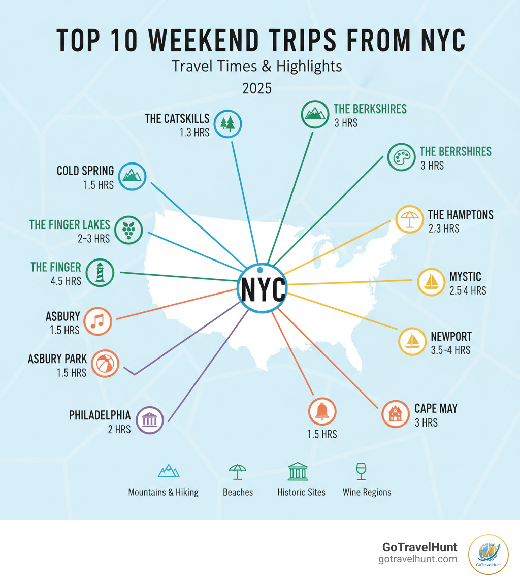 Map showing top 10 weekend trip destinations from NYC with travel times: Cold Spring (1.5 hrs), Asbury Park (1.5 hrs), The Hamptons (2-3 hrs), Philadelphia (2 hrs), Mystic (2.5 hrs), The Catskills (2-3 hrs), Cape May (3 hrs), The Berkshires (3 hrs), Newport (3.5-4 hrs), and The Finger Lakes (4-5 hrs), displayed with icons indicating beaches, mountains, historic sites, and wine regions - weekend trips from nyc infographic Map showing top 10 weekend trip destinations from NYC with travel times: Cold Spring (1.5 hrs), Asbury Park (1.5 hrs), The Hamptons (2-3 hrs), Philadelphia (2 hrs), Mystic (2.5 hrs), The Catskills (2-3 hrs), Cape May (3 hrs), The Berkshires (3 hrs), Newport (3.5-4 hrs), and The Finger Lakes (4-5 hrs), displayed with icons indicating beaches, mountains, historic sites, and wine regions - weekend trips from nyc infographic