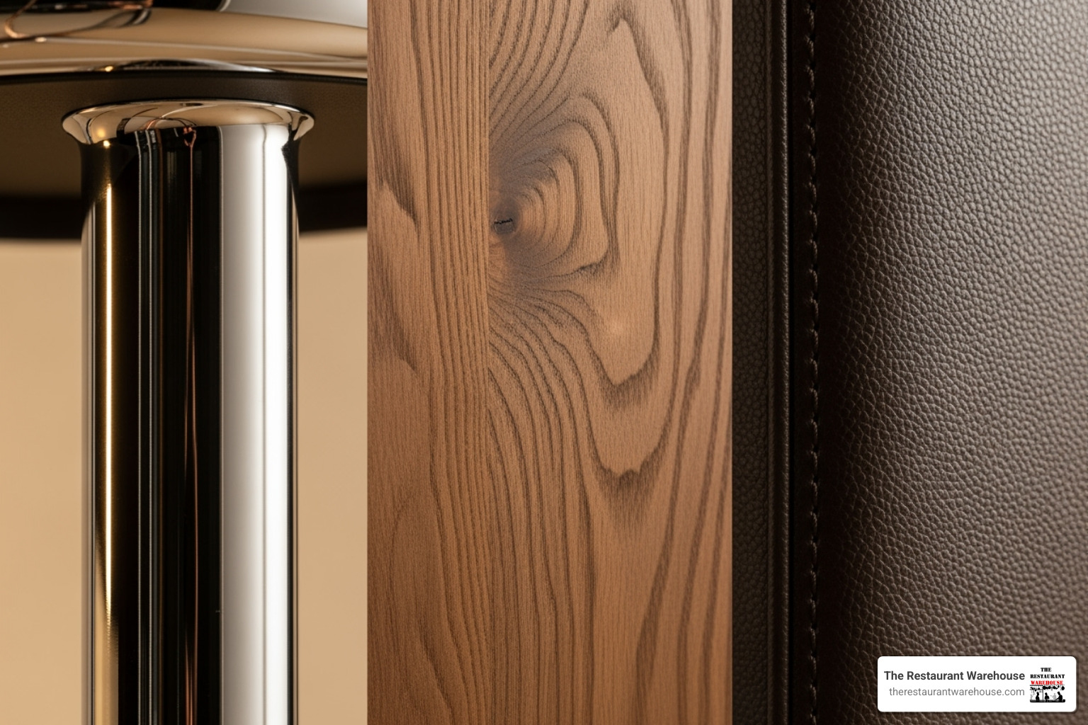 Close-up collage showing the textures of different bar stool materials: polished metal, rich wood grain, and durable vinyl upholstery - Restaurant bar stools