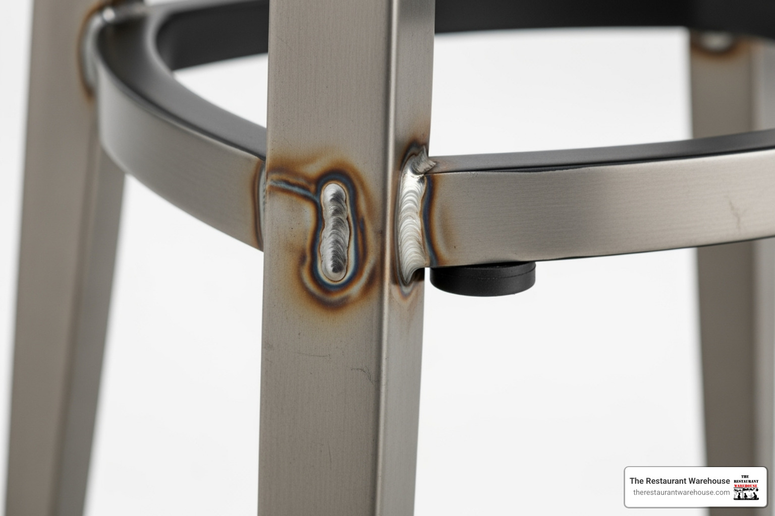 Image showcasing the durable construction of a commercial bar stool, with callouts pointing to a fully welded joint and a floor protector glide - Restaurant bar stools