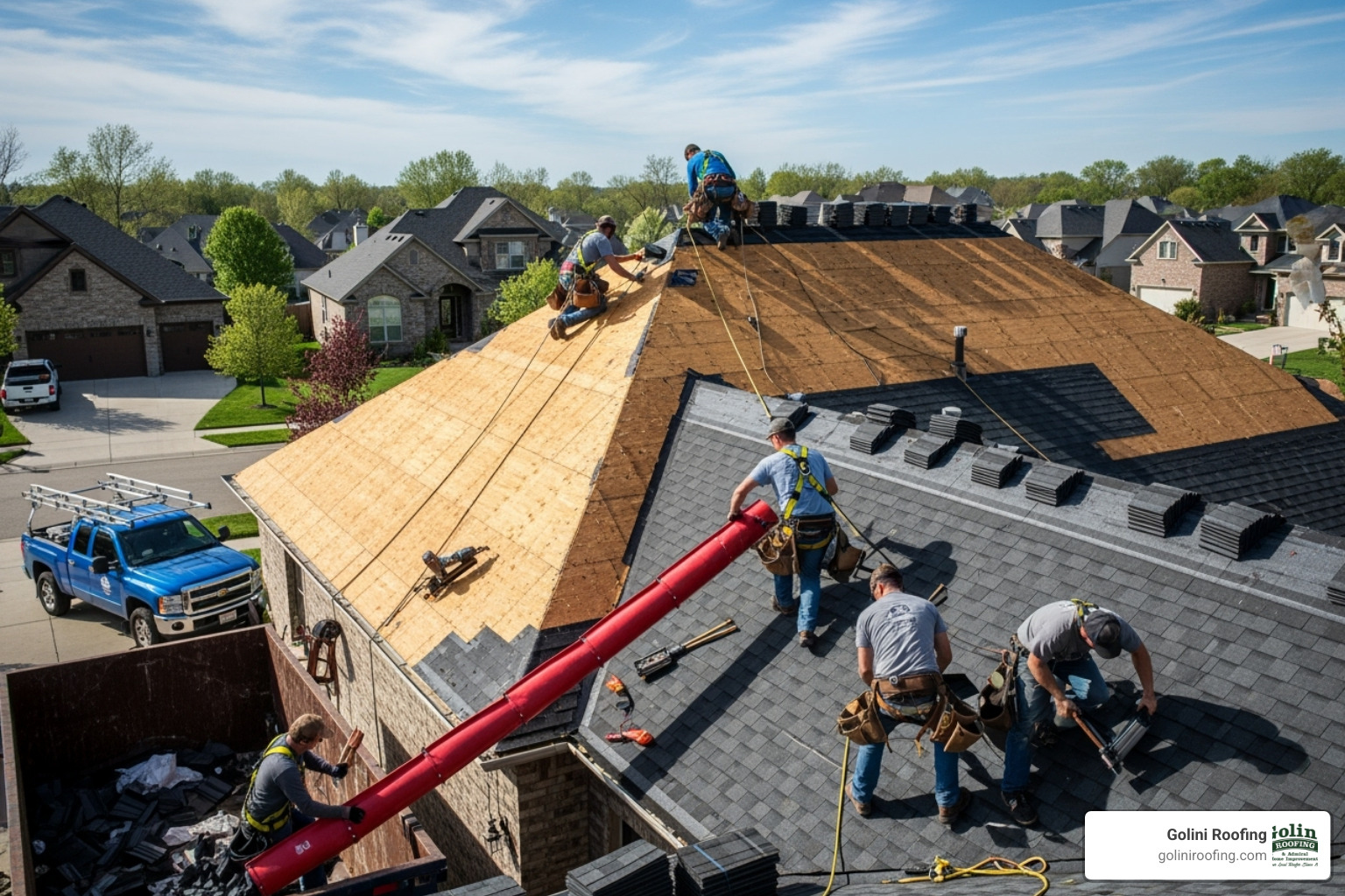 A roofing crew actively working on a large residential roof installation, with safety harnesses and debris chutes visible A roofing crew actively working on a large residential roof installation, with safety harnesses and debris chutes visible