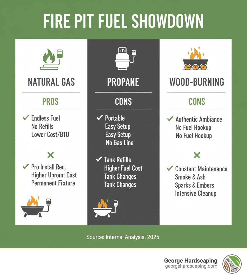 Infographic comparing Natural Gas Fire Pits (Pros: Continuous fuel supply, no tank refills, lower operating cost per BTU, cleaner burning with fewer emissions, instant ignition, permanently installed; Cons: Requires professional gas line installation, higher upfront installation cost, fixed location) vs Propane Fire Pits (Pros: Portable and relocatable, easier initial setup, no gas line required; Cons: Tanks need regular refilling, higher ongoing fuel cost, occasional tank changes during use) vs Wood-Burning Fire Pits (Pros: Authentic campfire experience, no fuel hookup needed, lowest initial cost; Cons: Constant maintenance required, produces smoke and ash, sparks and embers, cleanup intensive, less precise heat control) - natural gas fire pit infographic Infographic comparing Natural Gas Fire Pits (Pros: Continuous fuel supply, no tank refills, lower operating cost per BTU, cleaner burning with fewer emissions, instant ignition, permanently installed; Cons: Requires professional gas line installation, higher upfront installation cost, fixed location) vs Propane Fire Pits (Pros: Portable and relocatable, easier initial setup, no gas line required; Cons: Tanks need regular refilling, higher ongoing fuel cost, occasional tank changes during use) vs Wood-Burning Fire Pits (Pros: Authentic campfire experience, no fuel hookup needed, lowest initial cost; Cons: Constant maintenance required, produces smoke and ash, sparks and embers, cleanup intensive, less precise heat control) - natural gas fire pit infographic