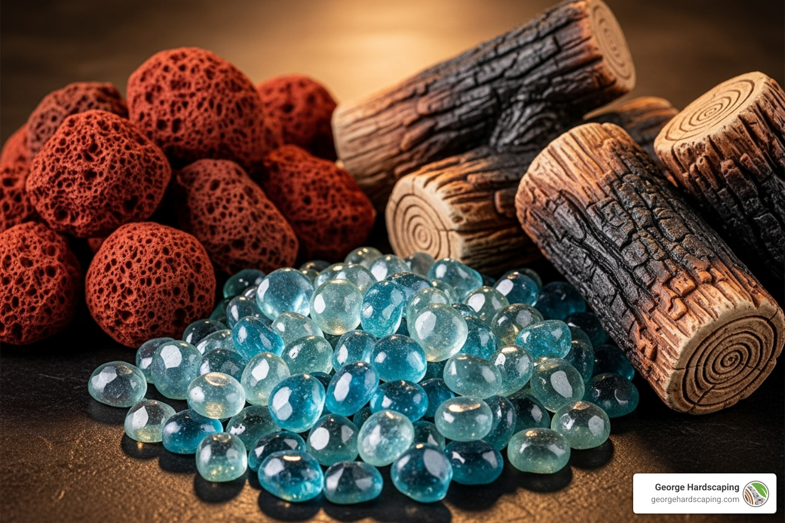 A collection of various fire media options including shimmering blue fire glass, rustic red lava rock, and realistic ceramic logs, arranged to show how they enhance a fire pit's aesthetic. - natural gas fire pit A collection of various fire media options including shimmering blue fire glass, rustic red lava rock, and realistic ceramic logs, arranged to show how they enhance a fire pit's aesthetic. - natural gas fire pit