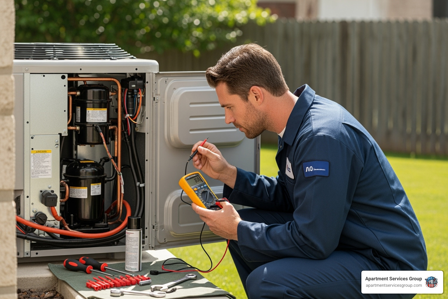 A maintenance professional meticulously checking the outdoor unit of an HVAC system - property maintenance Houston