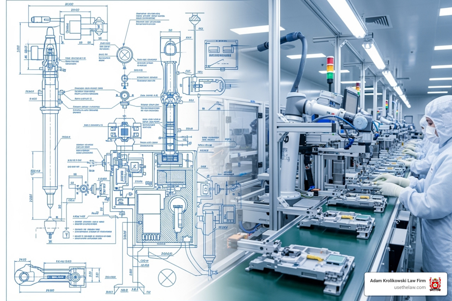 A blueprint for a medical device on one side and a factory assembly line with medical devices on the other, representing design and manufacturing phases - medical device injury A blueprint for a medical device on one side and a factory assembly line with medical devices on the other, representing design and manufacturing phases - medical device injury
