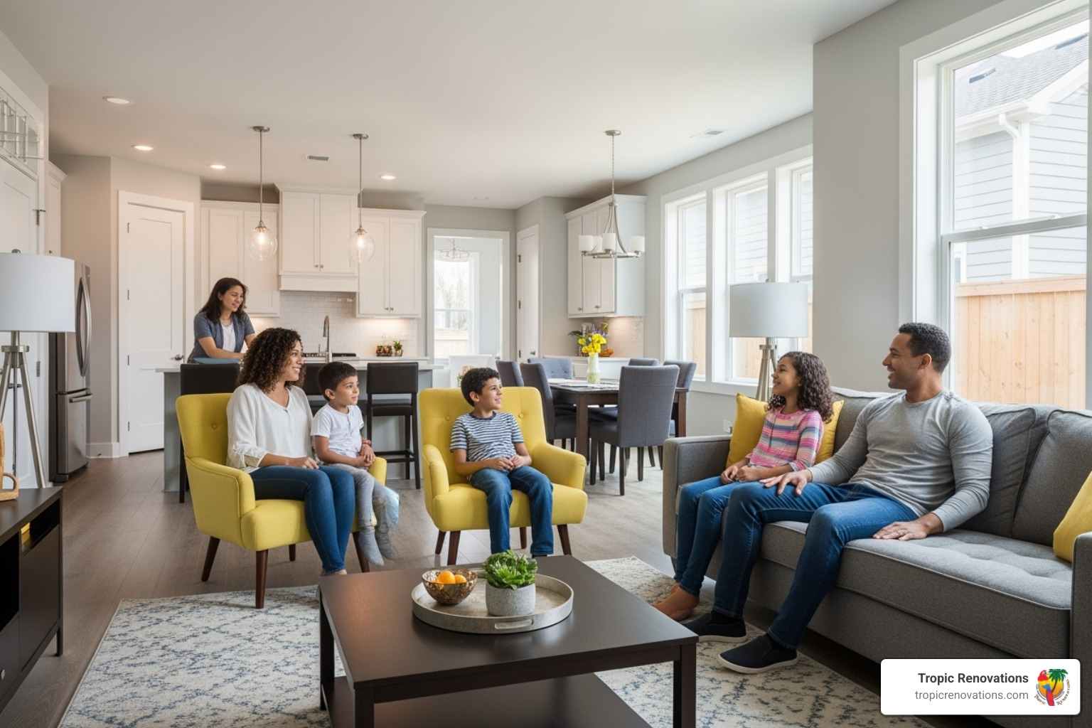 happy family enjoying newly remodeled open-concept living space - What are your specialties?