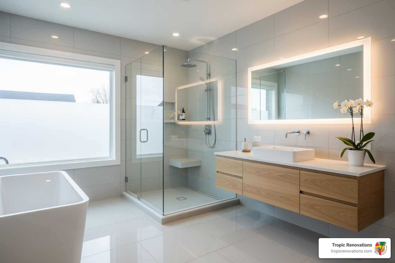 stunning, modern bathroom with a custom glass shower - What are your specialties?