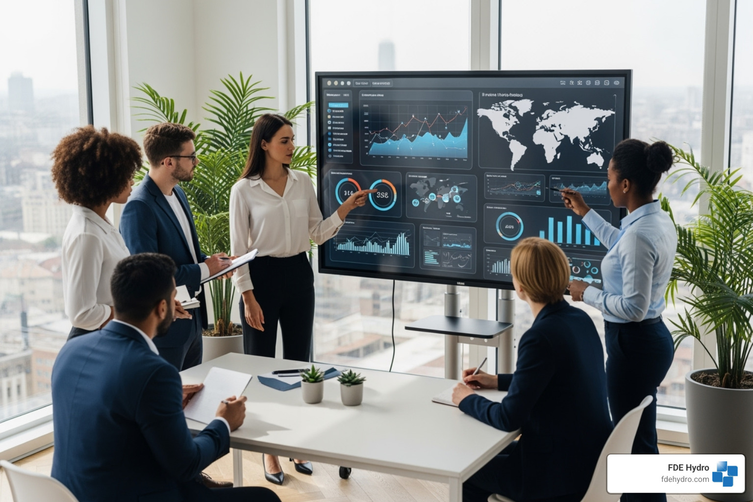 Team collaborating around a digital screen displaying AI-generated insights - AI for resource management