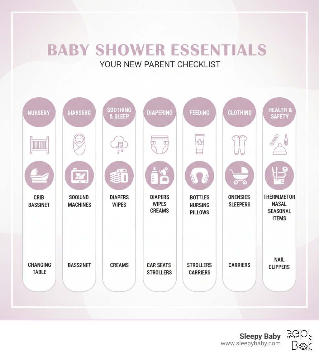 Infographic showing baby shower essentials organized by category: Nursery essentials including crib, bassinet, and changing table; Soothing and sleep items including swaddles, safe sound machines, and monitors; Diapering supplies with diapers, wipes, and creams; Feeding essentials showing bottles, pumps, and nursing pillows; Transport gear featuring car seats, strollers, and carriers; Clothing basics with onesies, sleepers, and seasonal items; Health and safety tools including thermometer, nasal aspirator, and nail clippers - baby shower essentials infographic 
