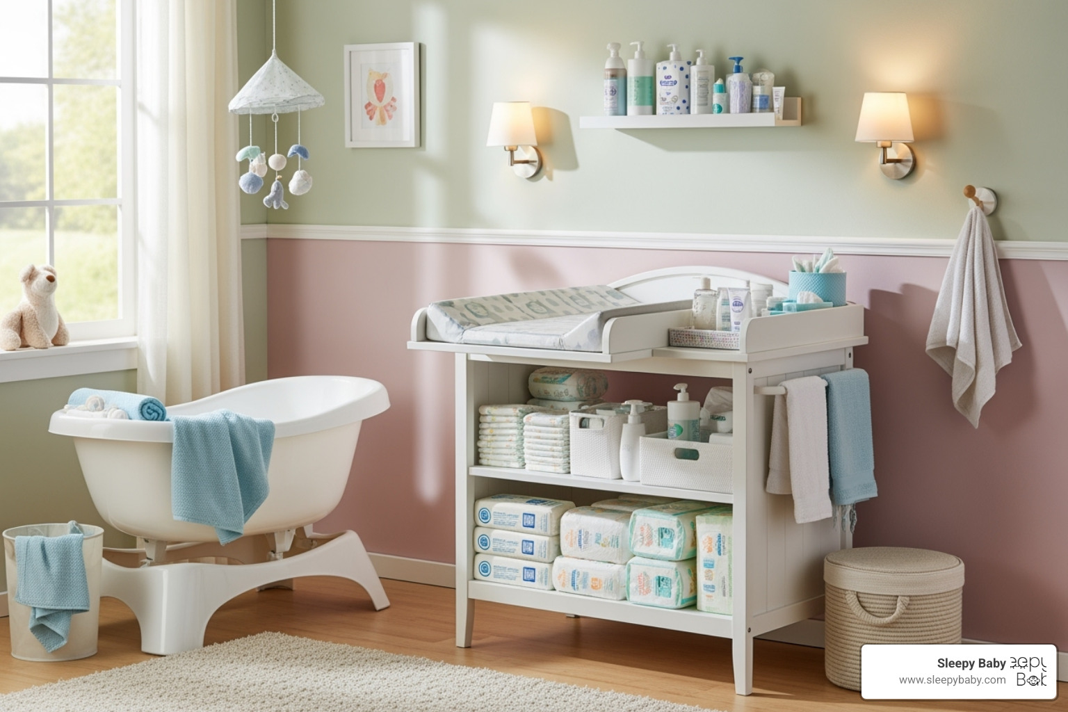 Well-stocked changing station with diapers, wipes, and a baby bath setup - baby shower essentials