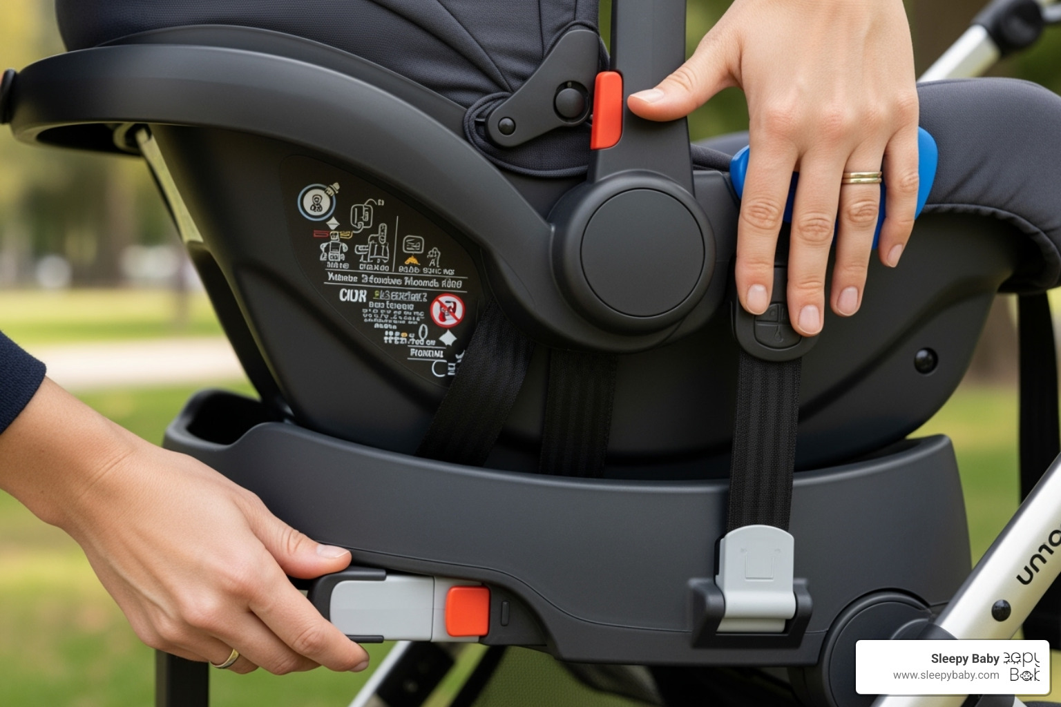 Parent easily clicking a car seat into a stroller travel system - baby shower essentials