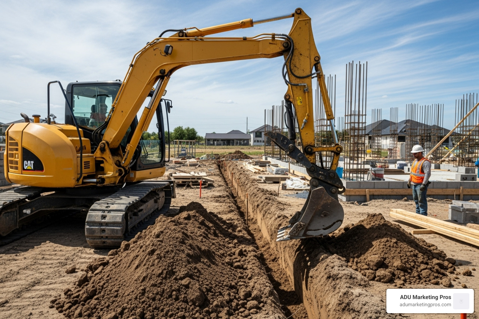 Excavator digging trenches for footings on a residential property - Foundation for ADU Excavator digging trenches for footings on a residential property - Foundation for ADU