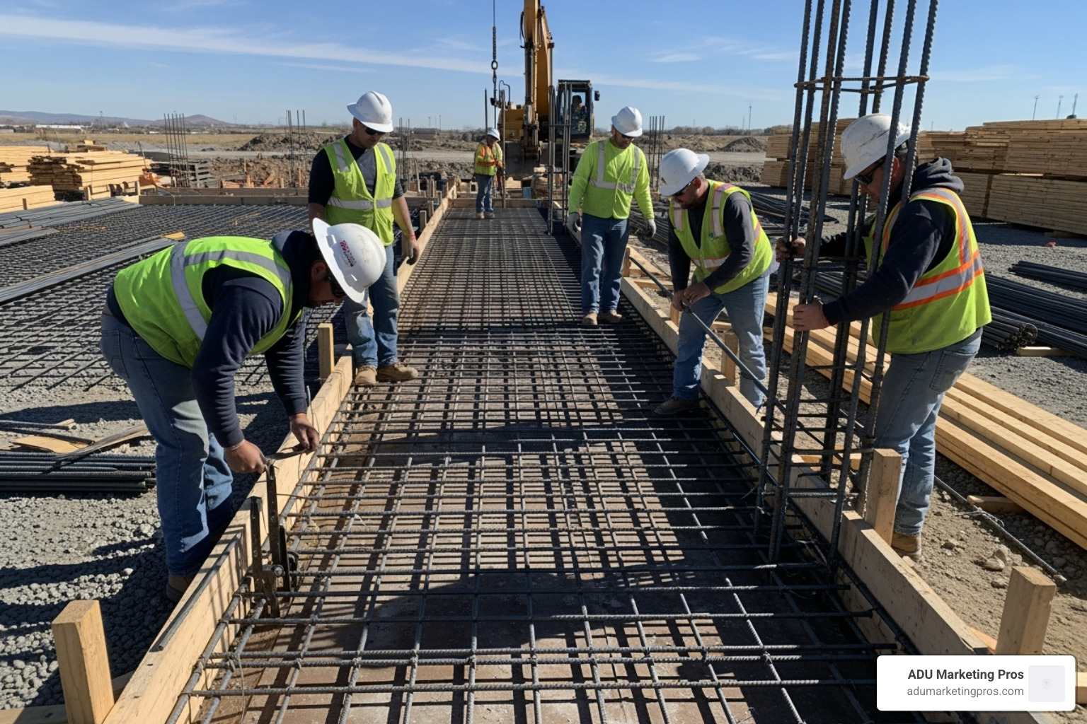 Contractor team working on the rebar framework for a concrete foundation - Foundation for ADU Contractor team working on the rebar framework for a concrete foundation - Foundation for ADU