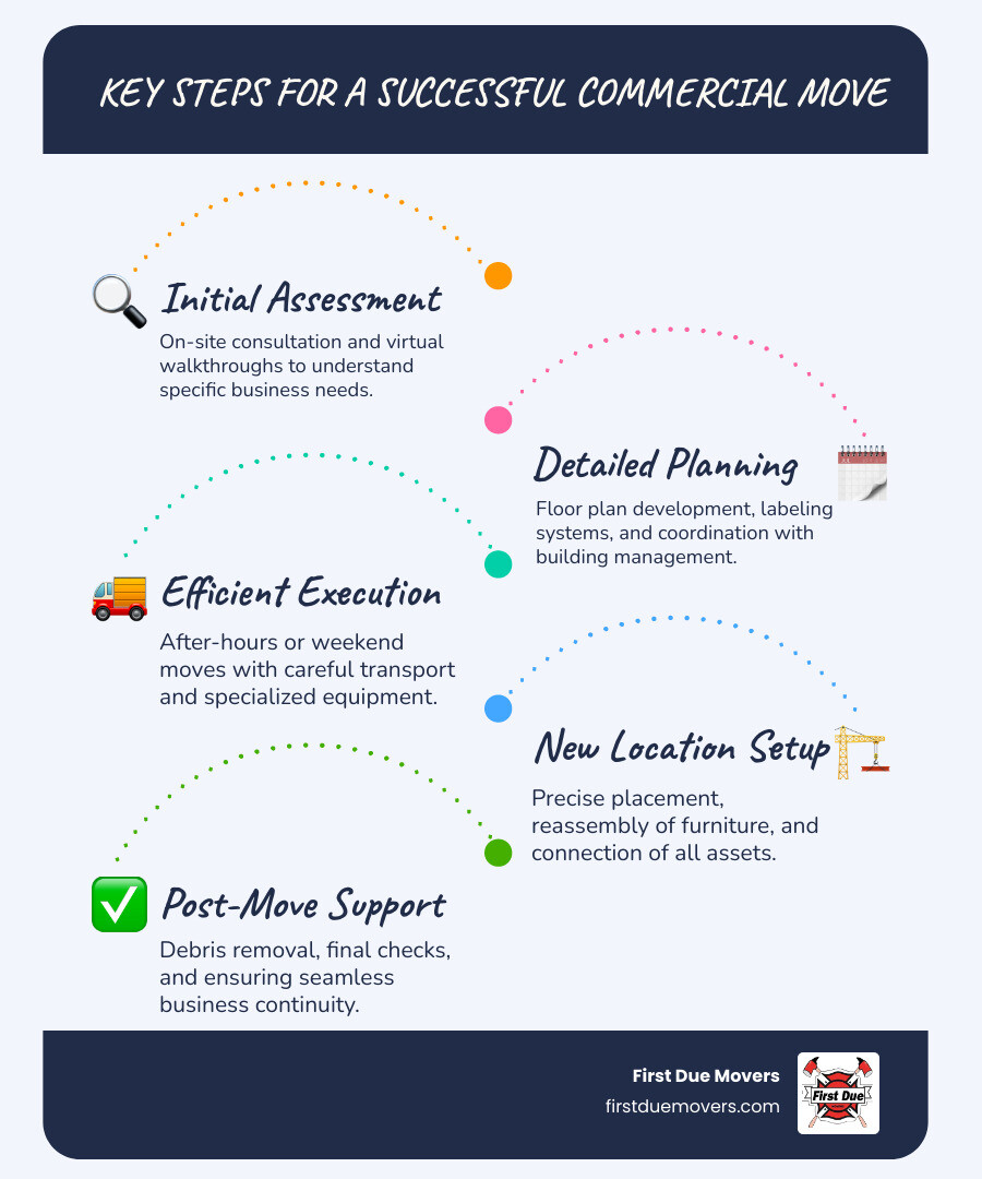 infographic showing the key steps of a successful commercial move: 1. Initial consultation and site assessment, 2. Detailed planning with floor plans and labeling systems, 3. Coordination with building management and securing parking, 4. Employee orientation meeting, 5. After-hours or weekend execution, 6. Careful transport with specialized equipment, 7. Precise placement and setup at new location, 8. Post-move cleanup and debris removal - best commercial moving company in kirkland wa infographic infographic-line-5-steps-blues-accent_colors