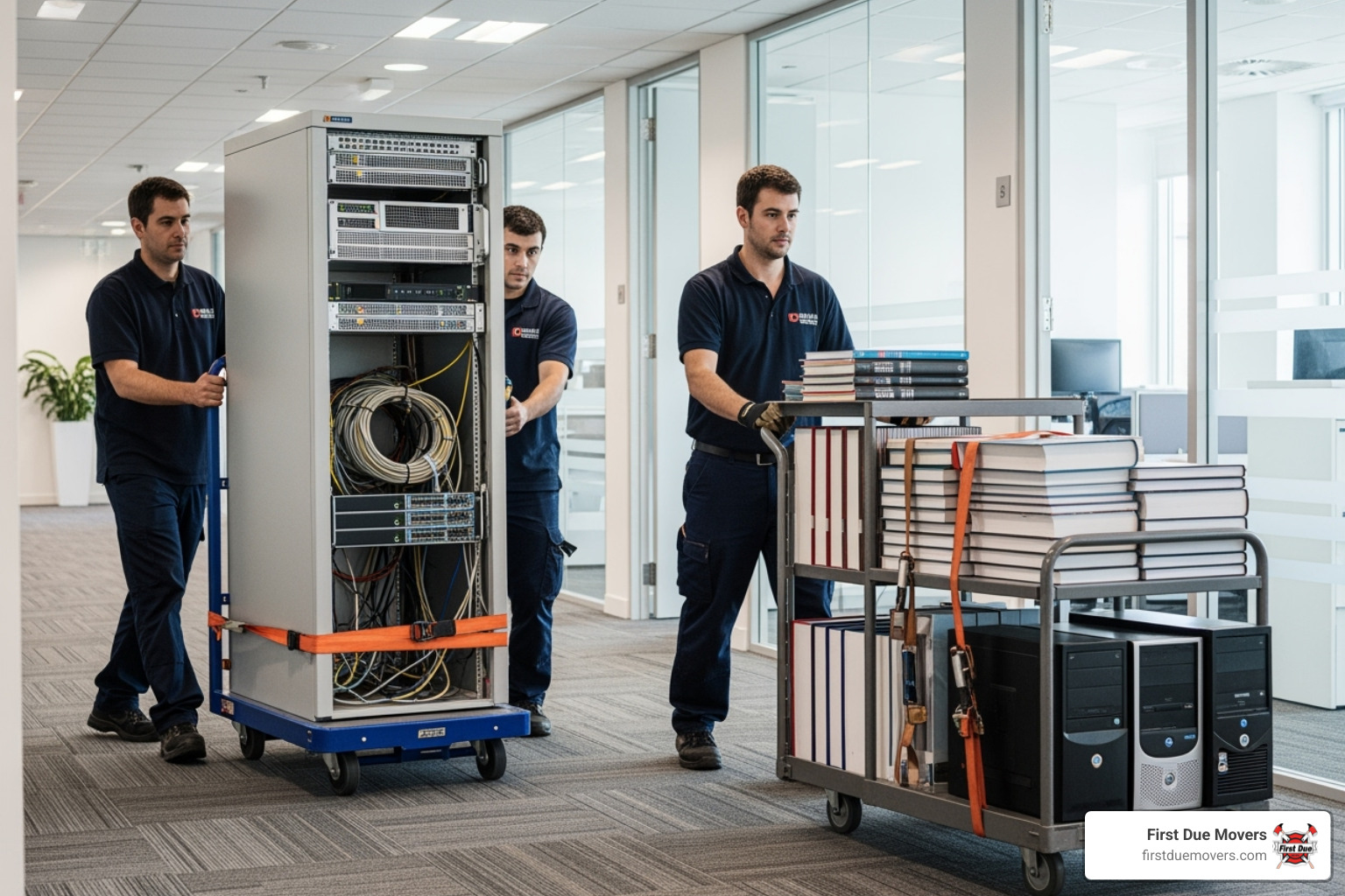 movers using specialized equipment like server dollies or library carts - best commercial moving company in kirkland wa