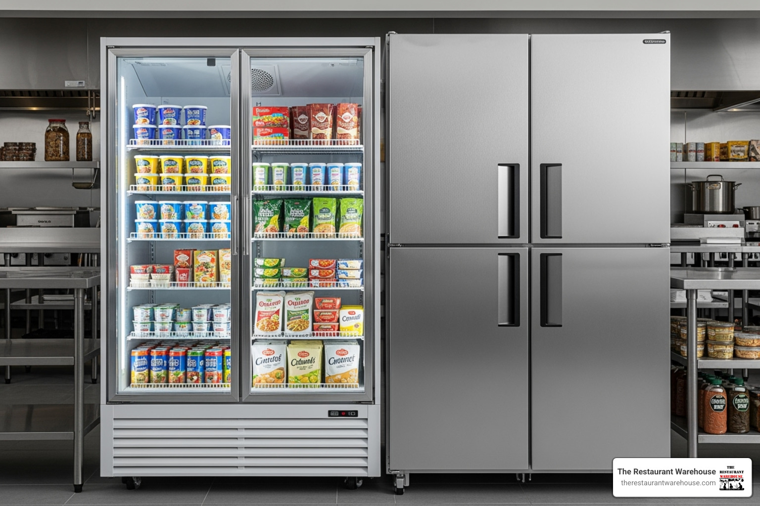 A 2-door glass merchandiser freezer next to a solid-door reach-in freezer to show different types. - what widths do commercial 2 door freezers come in