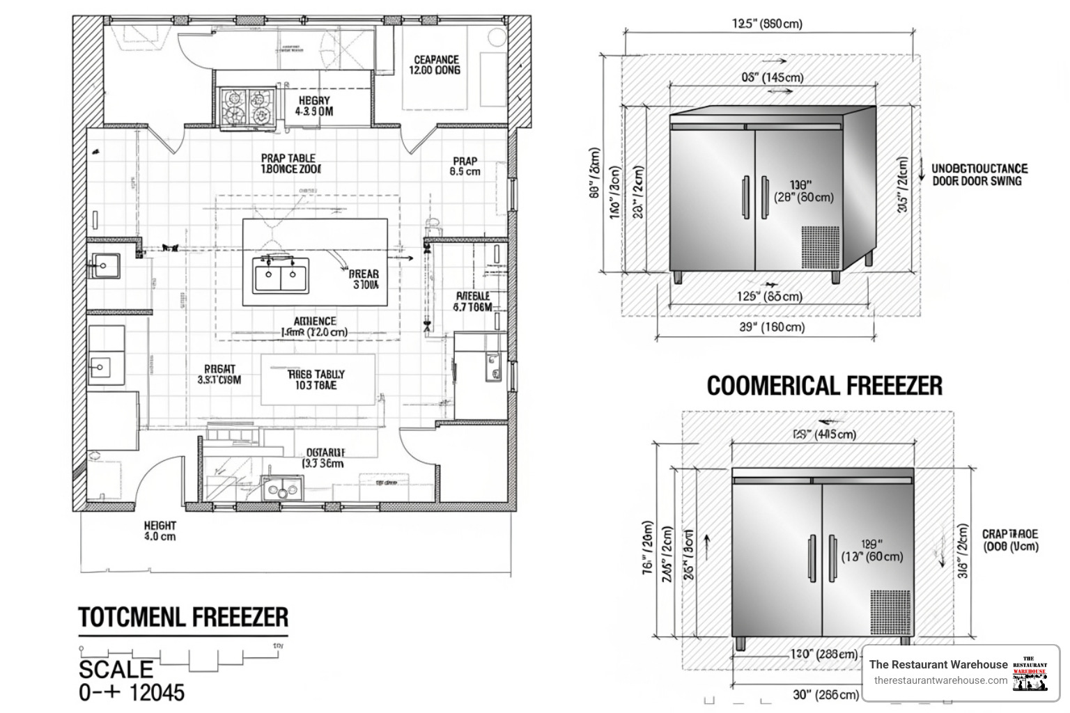 A diagram illustrating how to measure a kitchen space for a new freezer, showing clearance for ventilation and door swing. - what widths do commercial 2 door freezers come in