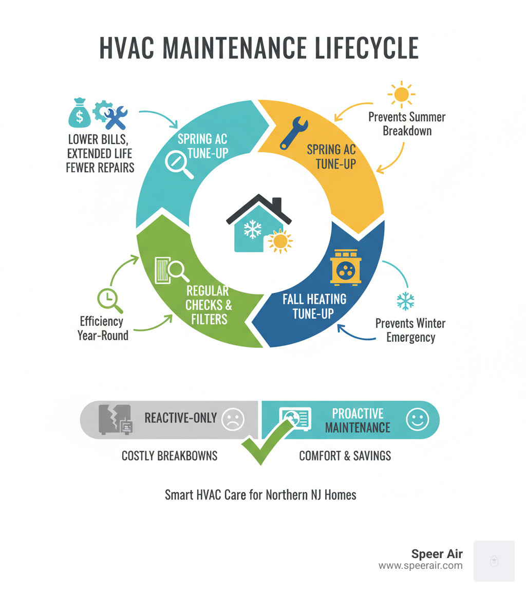 Infographic showing the lifecycle of HVAC maintenance: Annual spring AC tune-up prevents summer breakdown, fall heating tune-up prevents winter emergency, regular filter changes and system checks maintain efficiency year-round, resulting in lower utility bills, extended equipment life, and fewer costly repairs compared to reactive-only maintenance approach - hvac maintenance contract northern nj infographic 