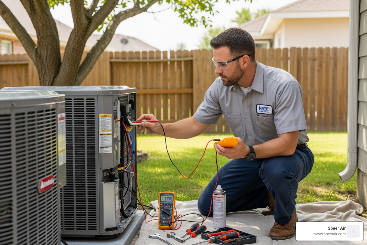 A NATE-certified technician diligently servicing an outdoor air conditioning unit, checking components and cleaning coils - hvac maintenance contract northern nj