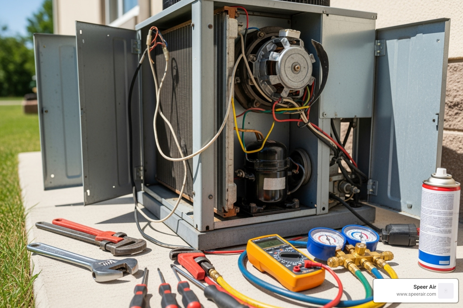 A visibly broken-down outdoor AC unit with tools scattered around, implying an emergency repair in the middle of summer - hvac maintenance contract northern nj