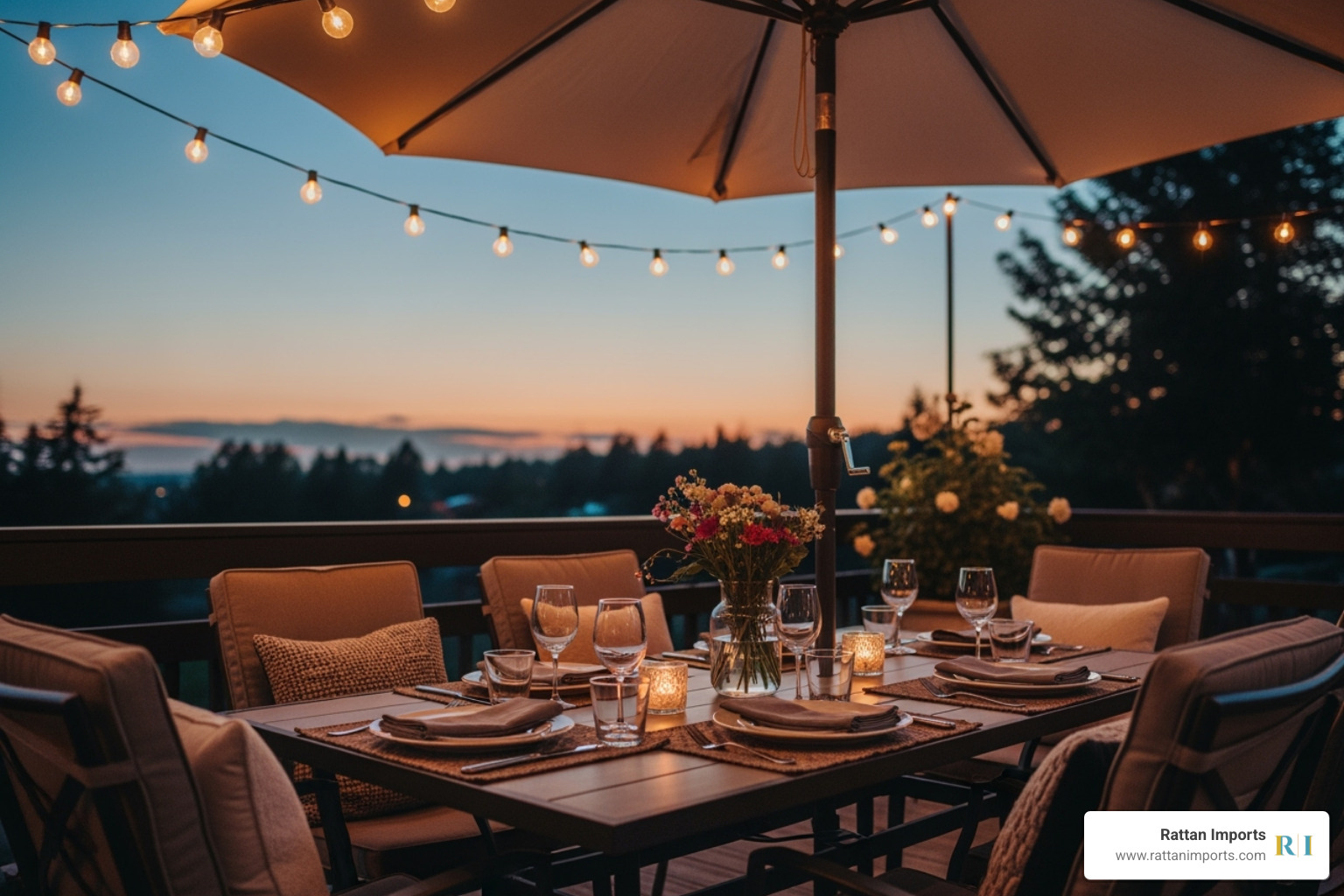 fully accessorized outdoor dining area at dusk with string lights, an umbrella, and plush cushions - outdoor dining fully accessorized outdoor dining area at dusk with string lights, an umbrella, and plush cushions - outdoor dining