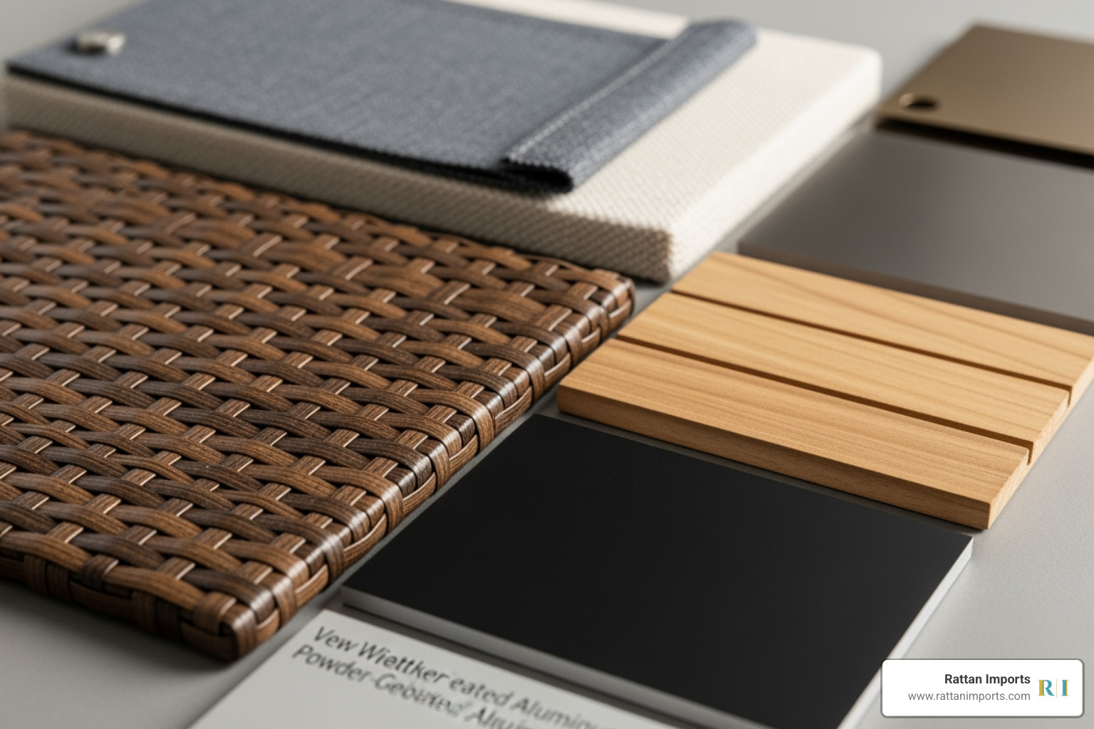 different material swatches, including all-weather wicker, teak wood, and powder-coated aluminum - outdoor dining different material swatches, including all-weather wicker, teak wood, and powder-coated aluminum - outdoor dining