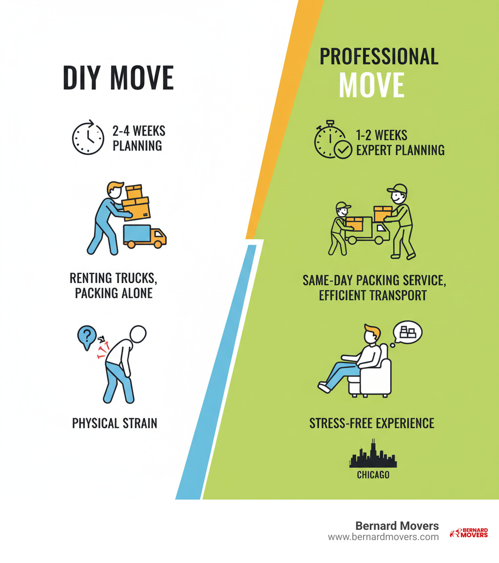 Infographic comparing DIY move timeline showing 2-4 weeks of planning, renting trucks, packing alone, and physical strain versus professional move showing 1-2 weeks with expert planning, same-day packing service, efficient transport, and stress-free experience in Chicago - packers and movers Chicago infographic Infographic comparing DIY move timeline showing 2-4 weeks of planning, renting trucks, packing alone, and physical strain versus professional move showing 1-2 weeks with expert planning, same-day packing service, efficient transport, and stress-free experience in Chicago - packers and movers Chicago infographic