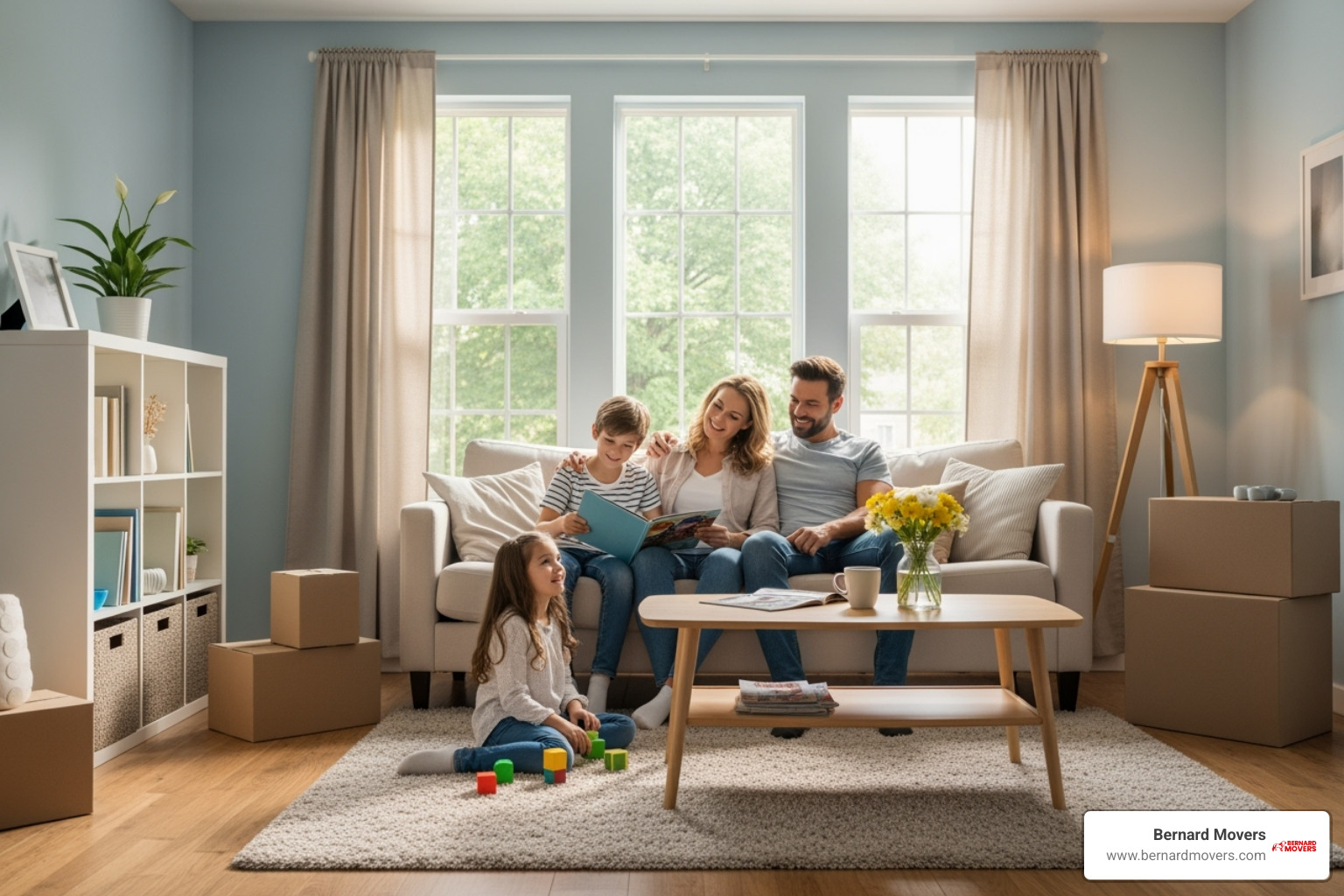 Family smiling in their new, organized living room after a move - packers and movers Chicago Family smiling in their new, organized living room after a move - packers and movers Chicago