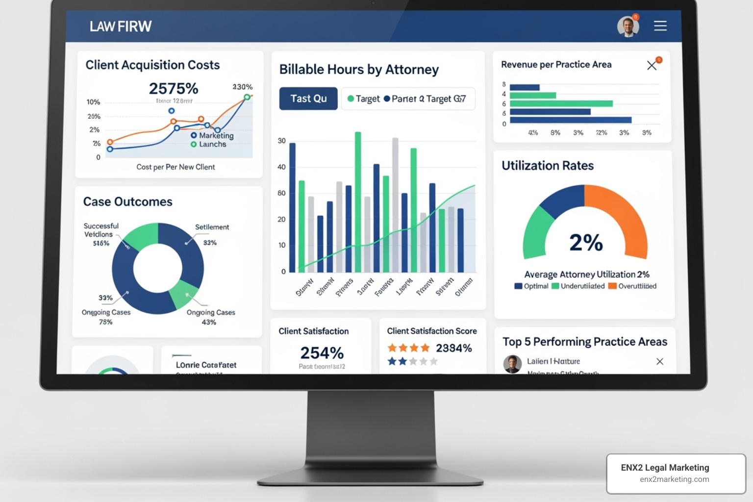 dashboard showing various law firm KPIs - data driven law firm