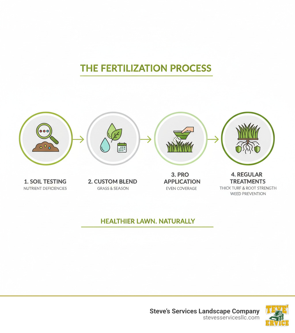 Infographic showing the complete fertilization process: soil testing reveals nutrient deficiencies, custom fertilizer blend is selected based on grass type and season, professional application ensures even coverage without burning, and regular treatments build thick turf that naturally prevents weeds while improving root strength and water retention - Lawn Fertilizer Service infographic 