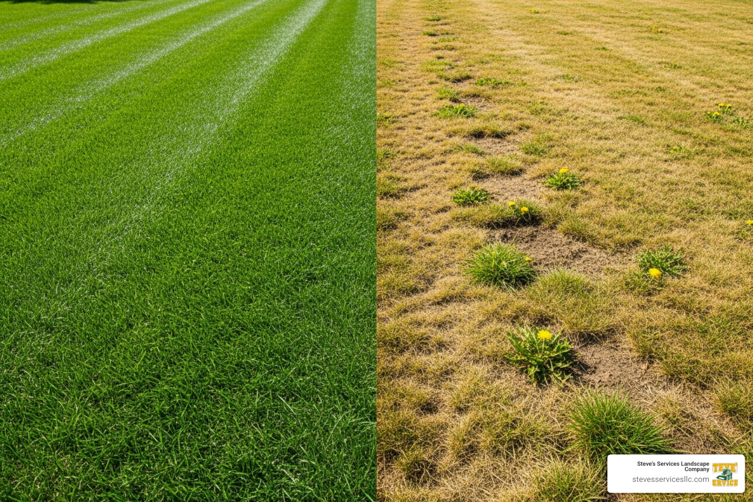 A striking side-by-side comparison of a vibrant, healthy, dark green lawn on one side versus a patchy, dull, yellowish-brown lawn with visible weeds on the other side. - Lawn Fertilizer Service