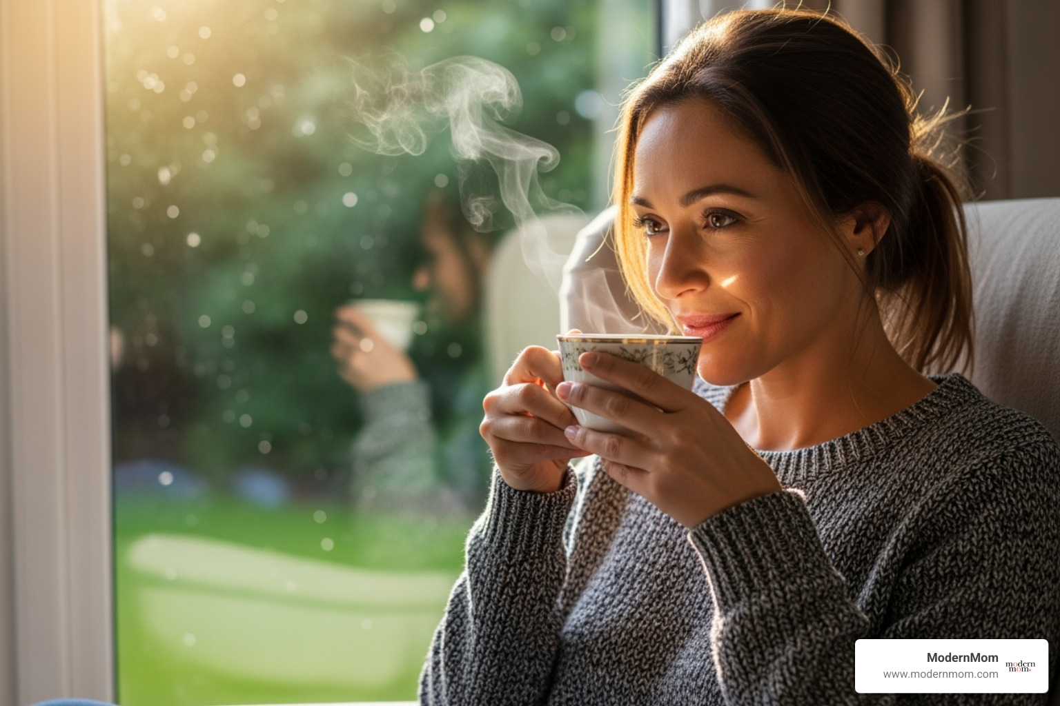 mom peacefully sipping tea by a window - Mom Stress Relief