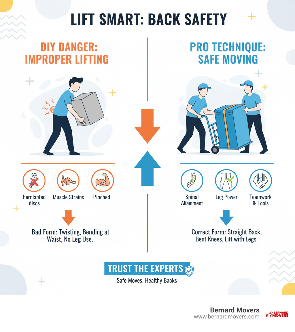 Infographic explaining the common back injuries from improper lifting vs. safe professional moving techniques used by Bernard Movers - Heavy item moving service infographic  Infographic explaining the common back injuries from improper lifting vs. safe professional moving techniques used by Bernard Movers - Heavy item moving service infographic