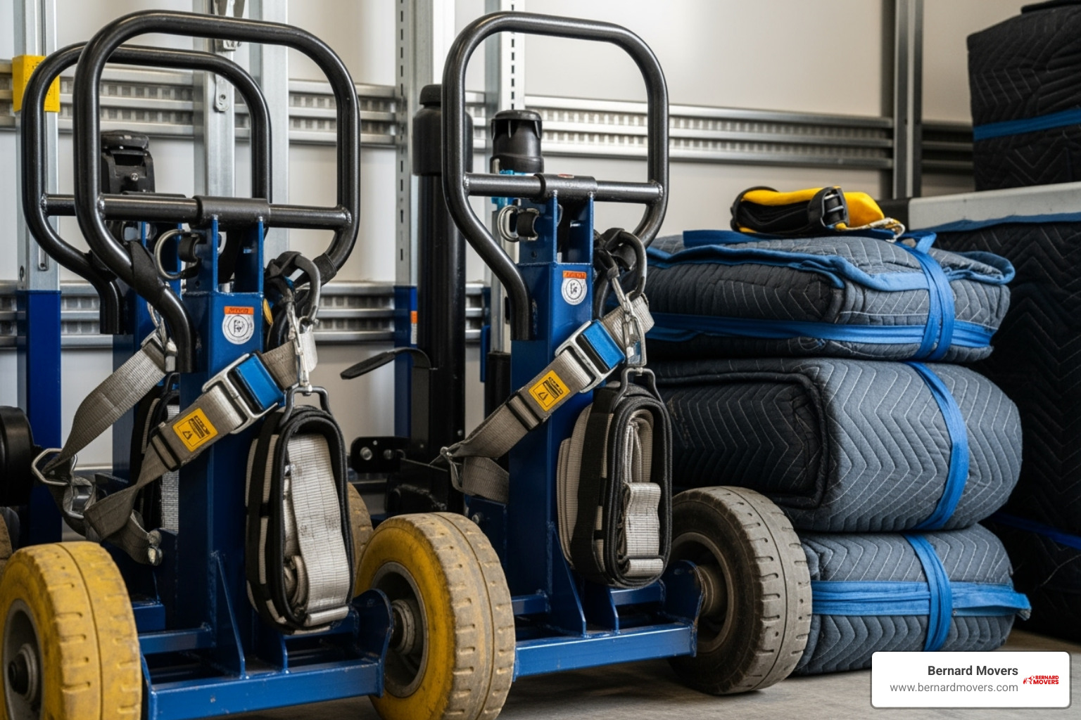 Bernard Movers' specialized moving equipment like heavy-duty dollies, lifting straps, and protective padding - Heavy item moving service Bernard Movers' specialized moving equipment like heavy-duty dollies, lifting straps, and protective padding - Heavy item moving service