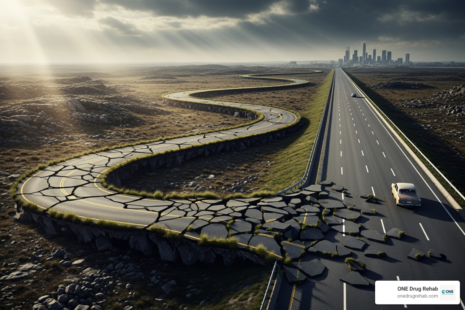 Image showing a winding, fragmented road labeled "Traditional Rehab" diverging from a straight, unified path labeled "Integrated Health Rehab" - integrated health rehab