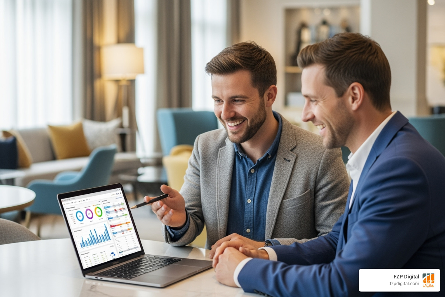 friendly FZP Digital team member helping a hotel manager - guest reviews and reputation management friendly FZP Digital team member helping a hotel manager - guest reviews and reputation management