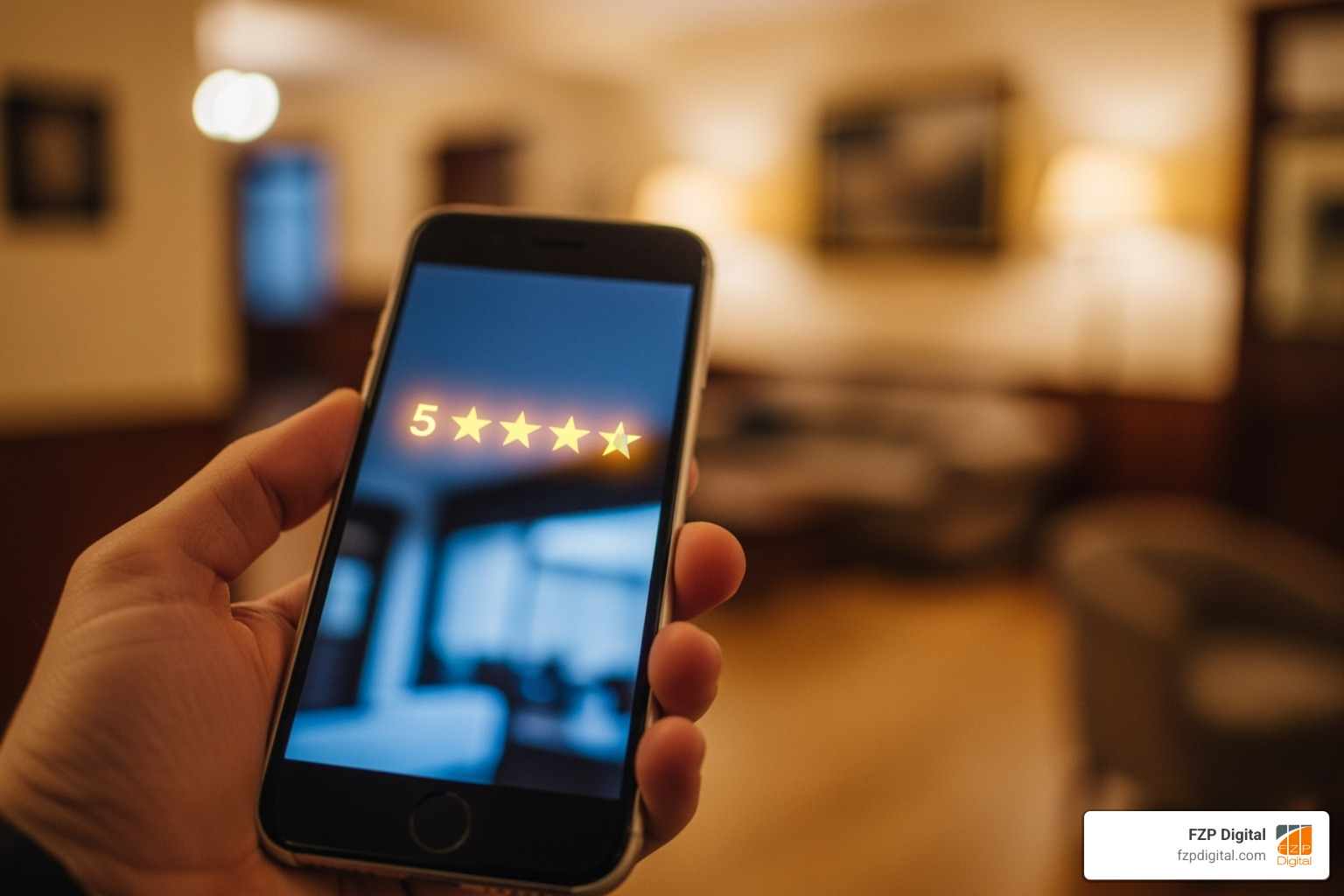 mobile phone showing a 5-star hotel review - guest reviews and reputation management mobile phone showing a 5-star hotel review - guest reviews and reputation management