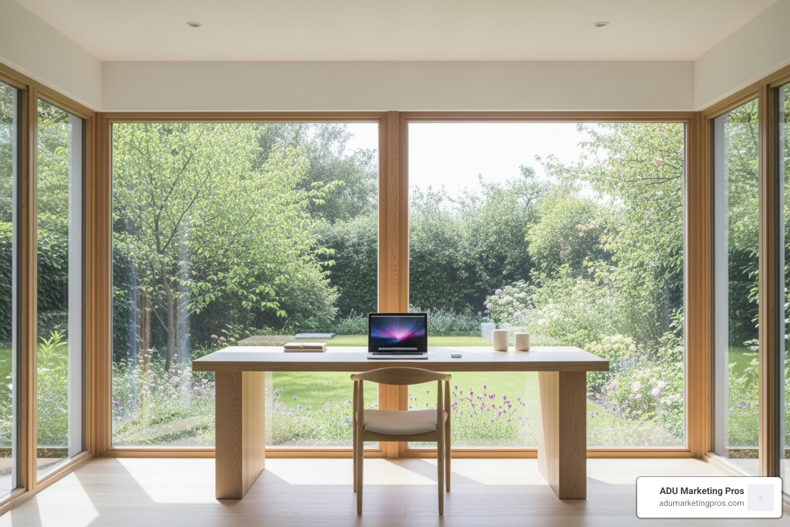A bright, minimalist backyard office with large windows overlooking a garden, featuring a clean desk setup - Small backyard homes
