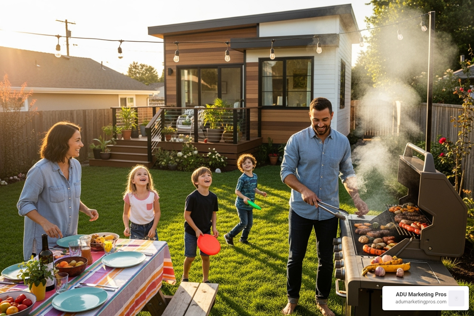 A happy family enjoying a backyard barbecue with a new, modern ADU visible in the background - Small backyard homes