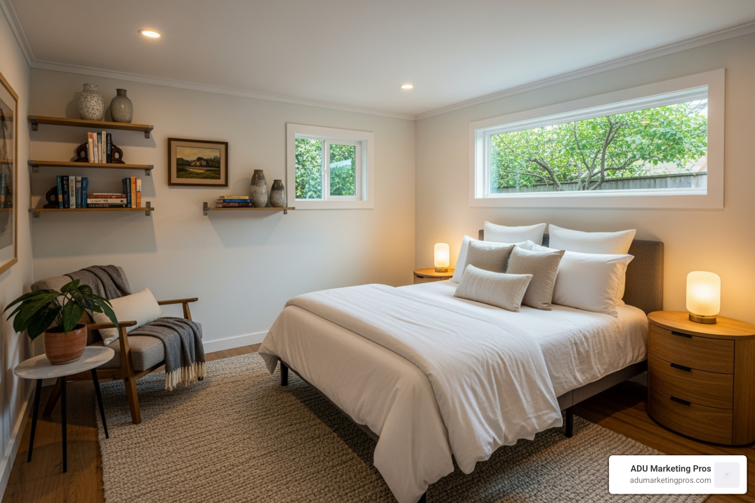 The cozy, well-appointed interior of a backyard guest house with a comfortable bed and small seating area - Small backyard homes